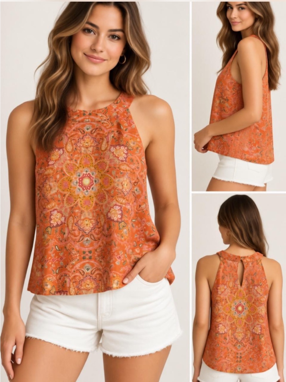 Joie 100% Linen Paisley Sleeveless Top Size L Orange Rust Boho Resort